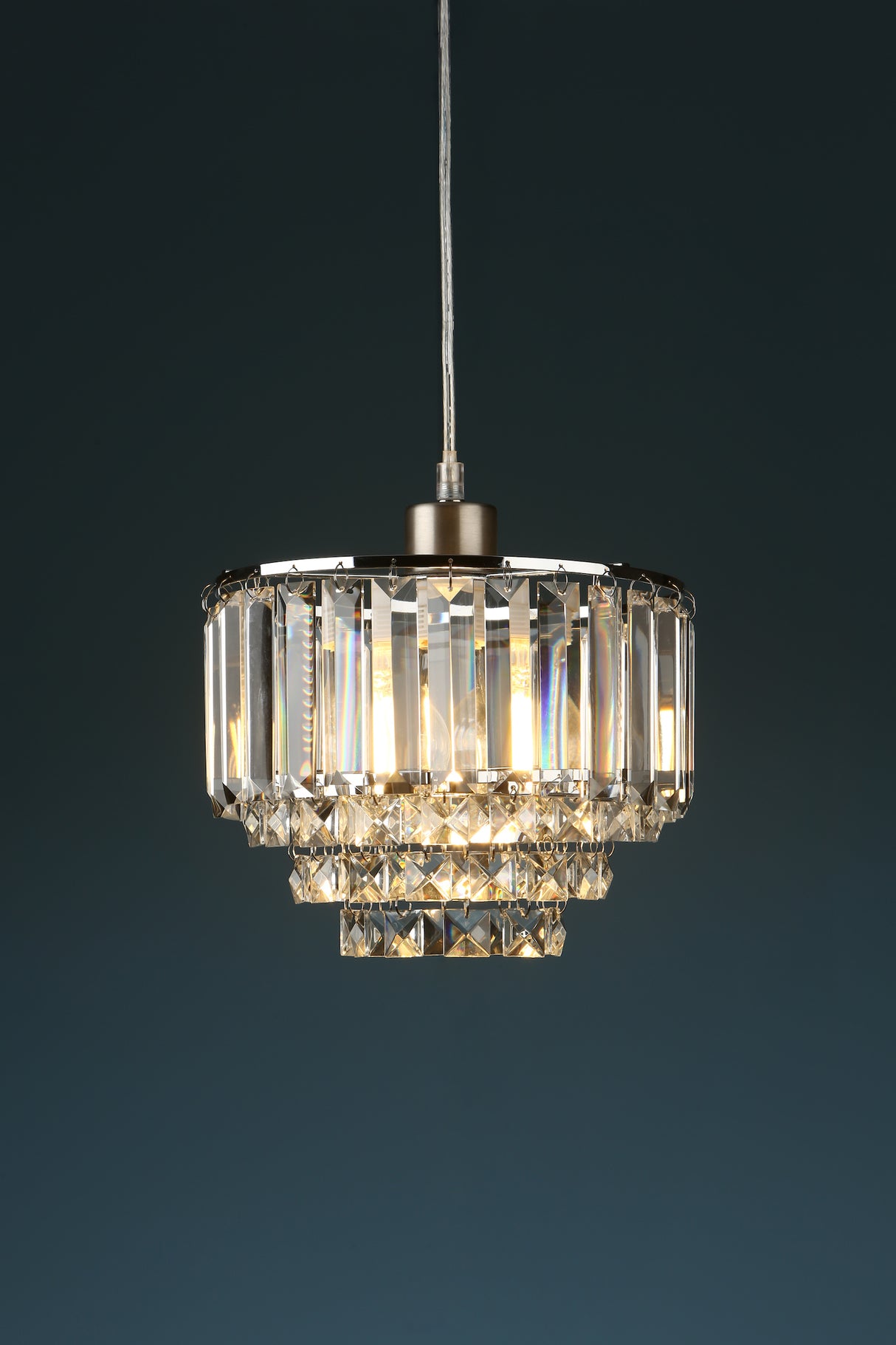 A Laura Ashley Vienna easy-fit pendant lampshade featuring bevelled glass coffin crystal oblong rods with square-cut glass droplets, suspended from a polished chrome finish circular frame.
