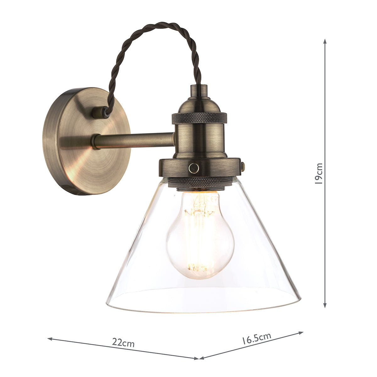 Vintage brass wall sconce with clear glass shade and Edison bulb, dimensions 22x19x16.5 cm