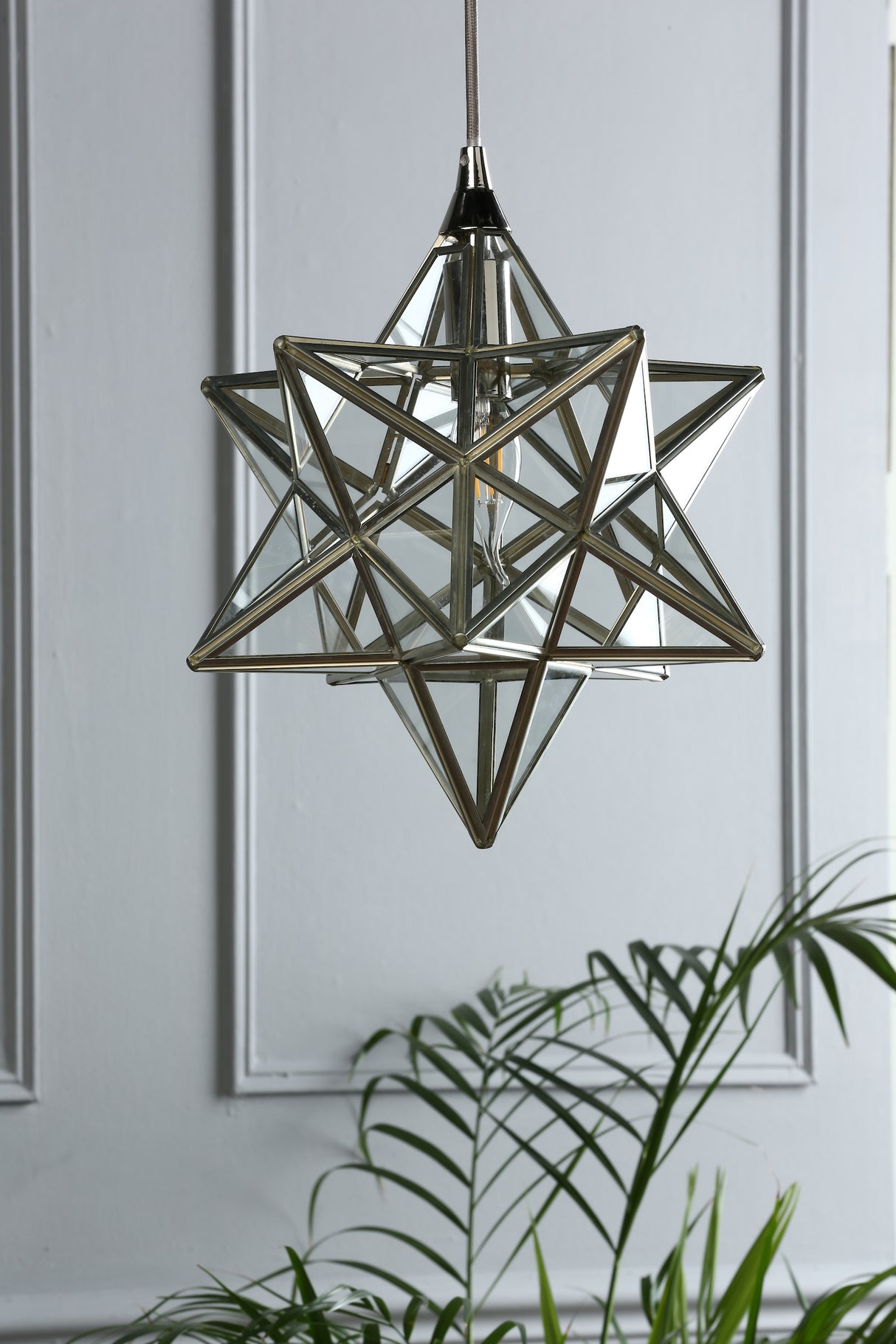 Modern star-shaped glass pendant light hanging with green palm leaves below in stylish room
