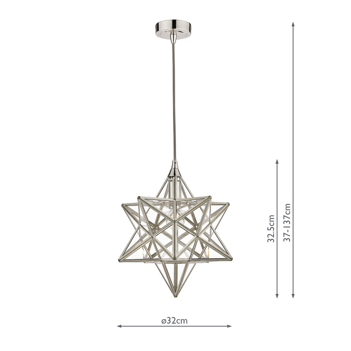 Moravian star pendant light fixture with chrome frame and glass panels, adjustable height