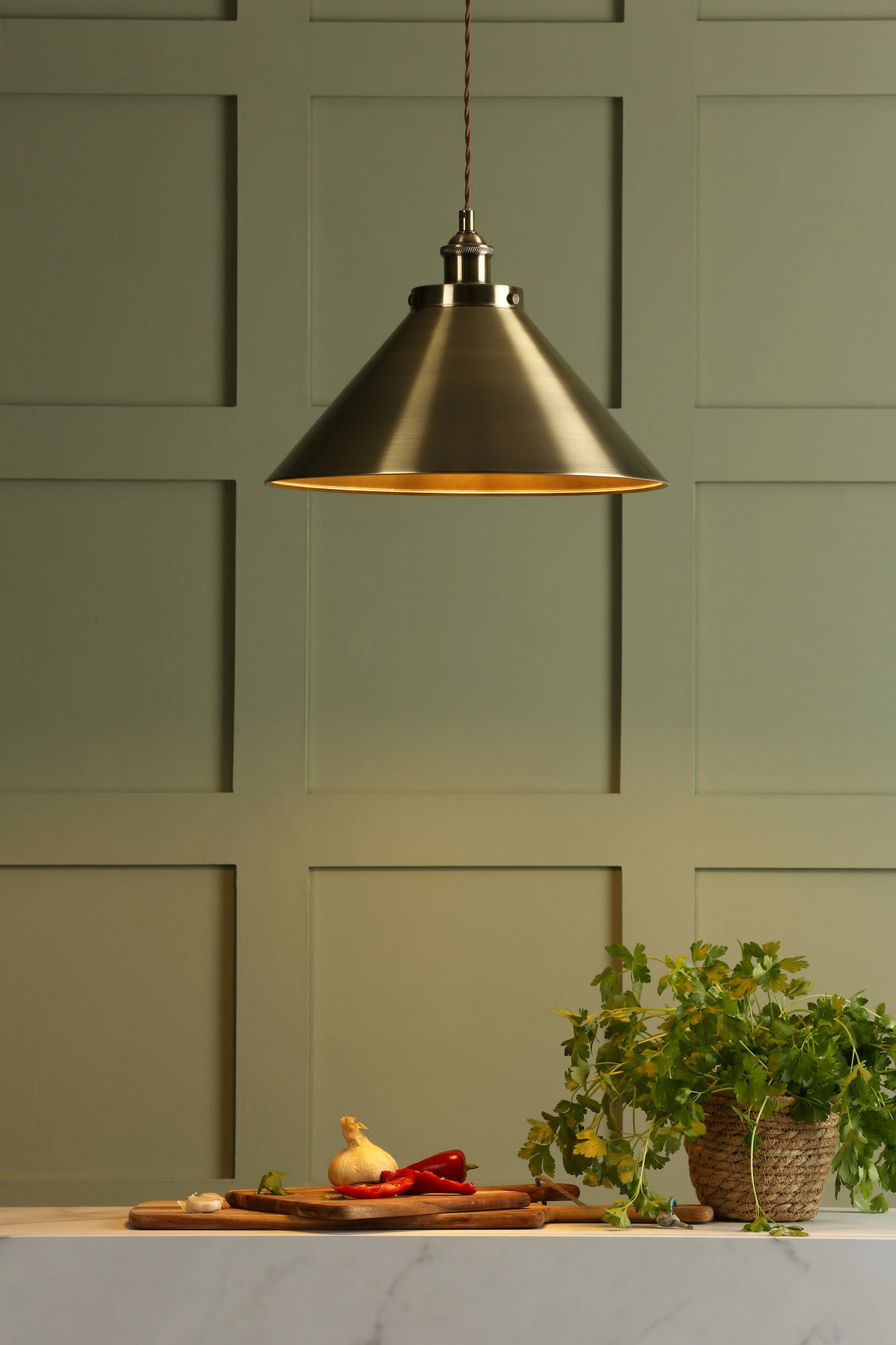 Metal pendant light over kitchen counter with cutting boards, garlic, red chili peppers, and potted parsley