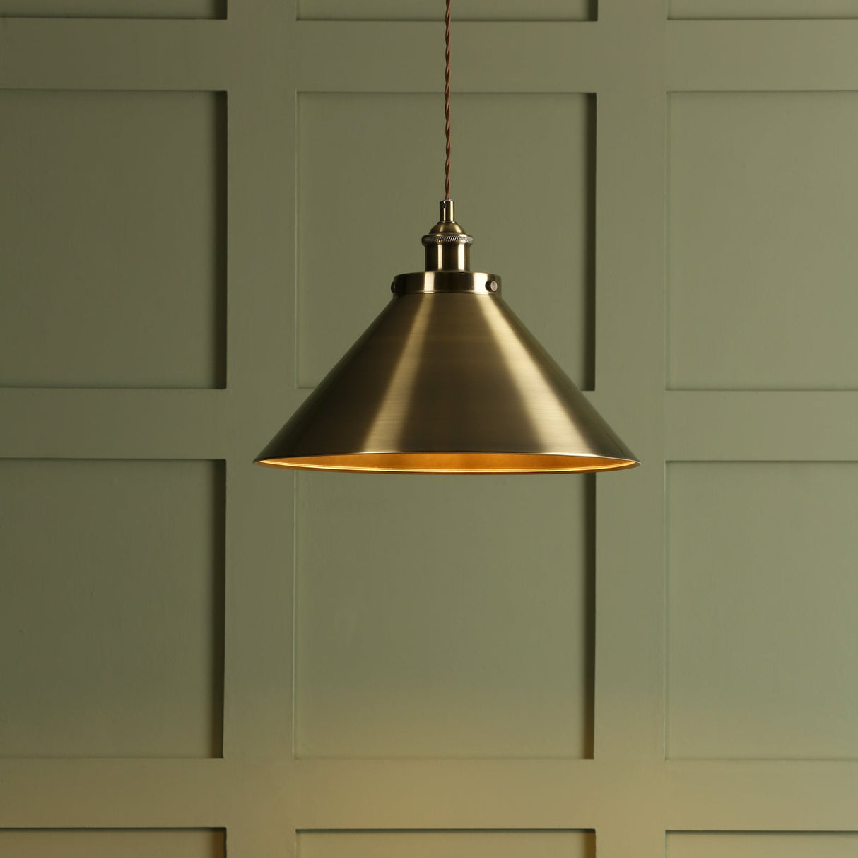 Brushed brass cone pendant light hanging against green paneled wall