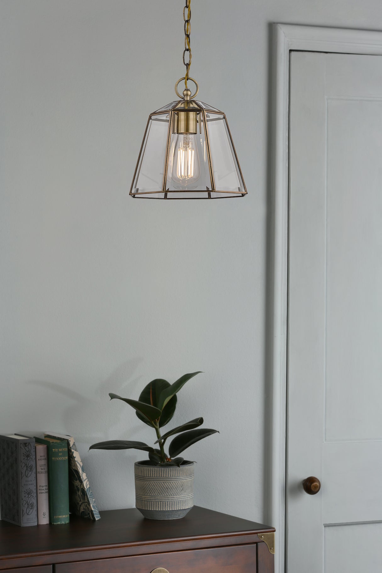 Modern brass pendant light with glass shade over wooden cabinet with potted plant and books