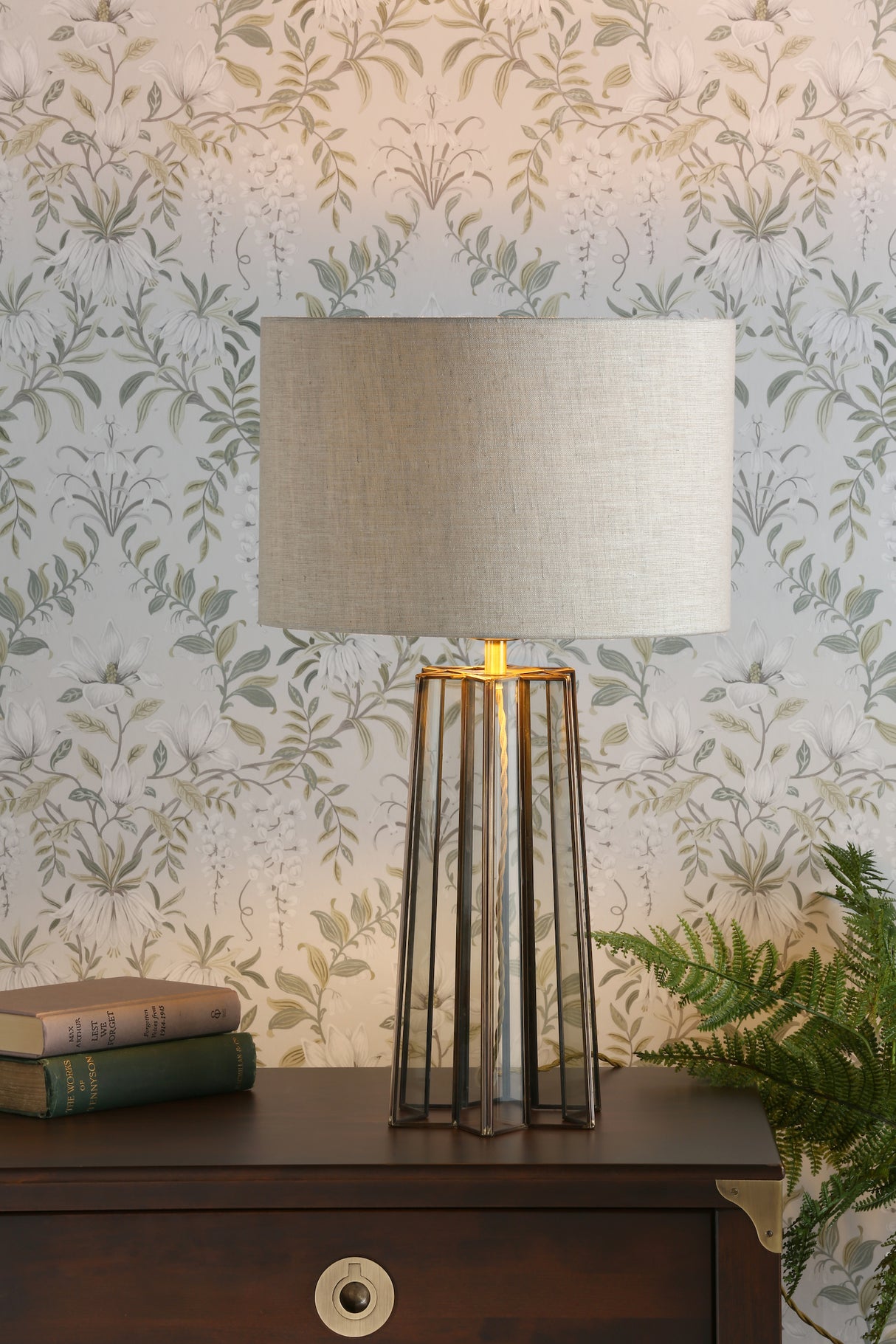 Modern metal table lamp with beige fabric shade on dark wooden dresser with books and fern plant