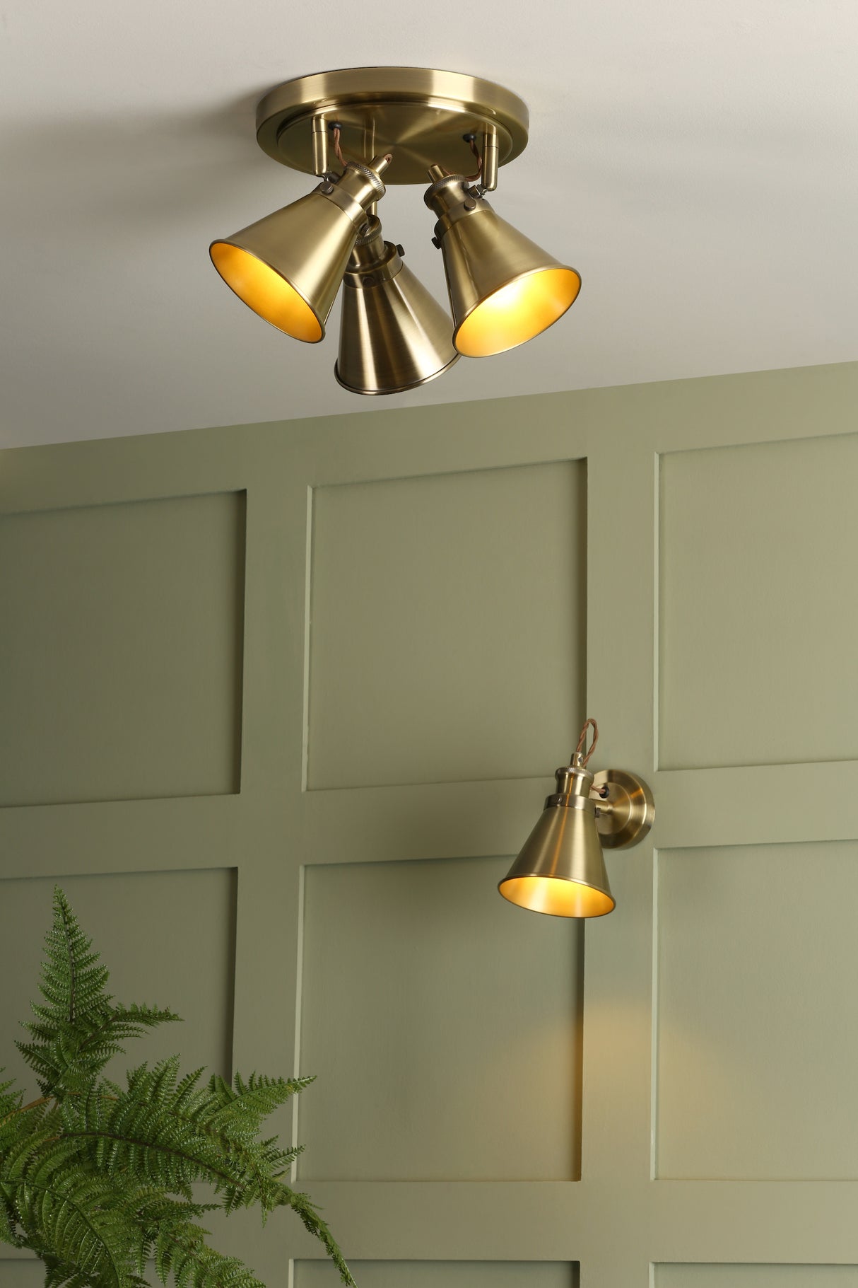 Brushed brass ceiling spotlight and wall sconce on olive green paneled wall with green fern plant