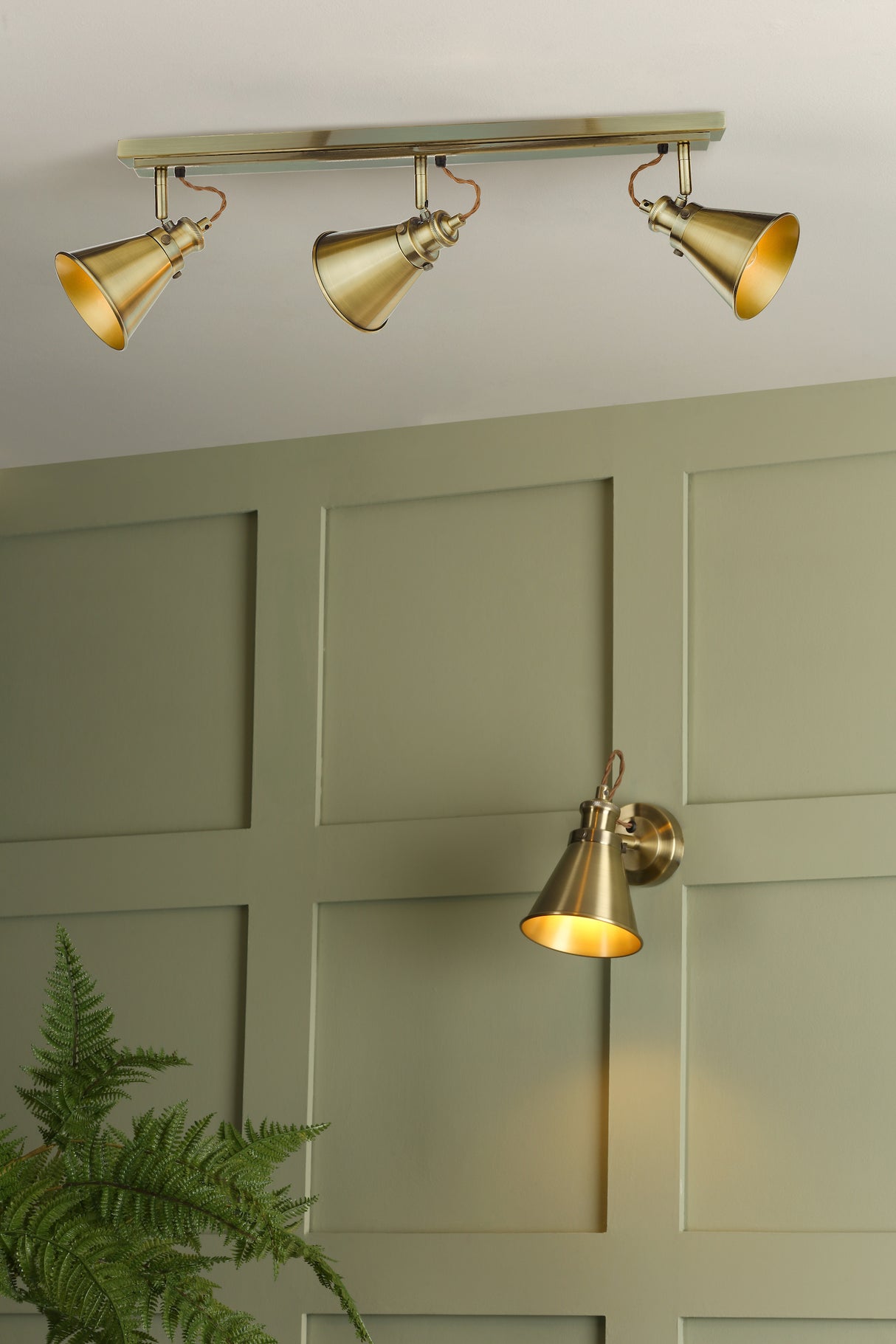 Brass ceiling track lights and matching wall sconce on green paneled wall with fern plant