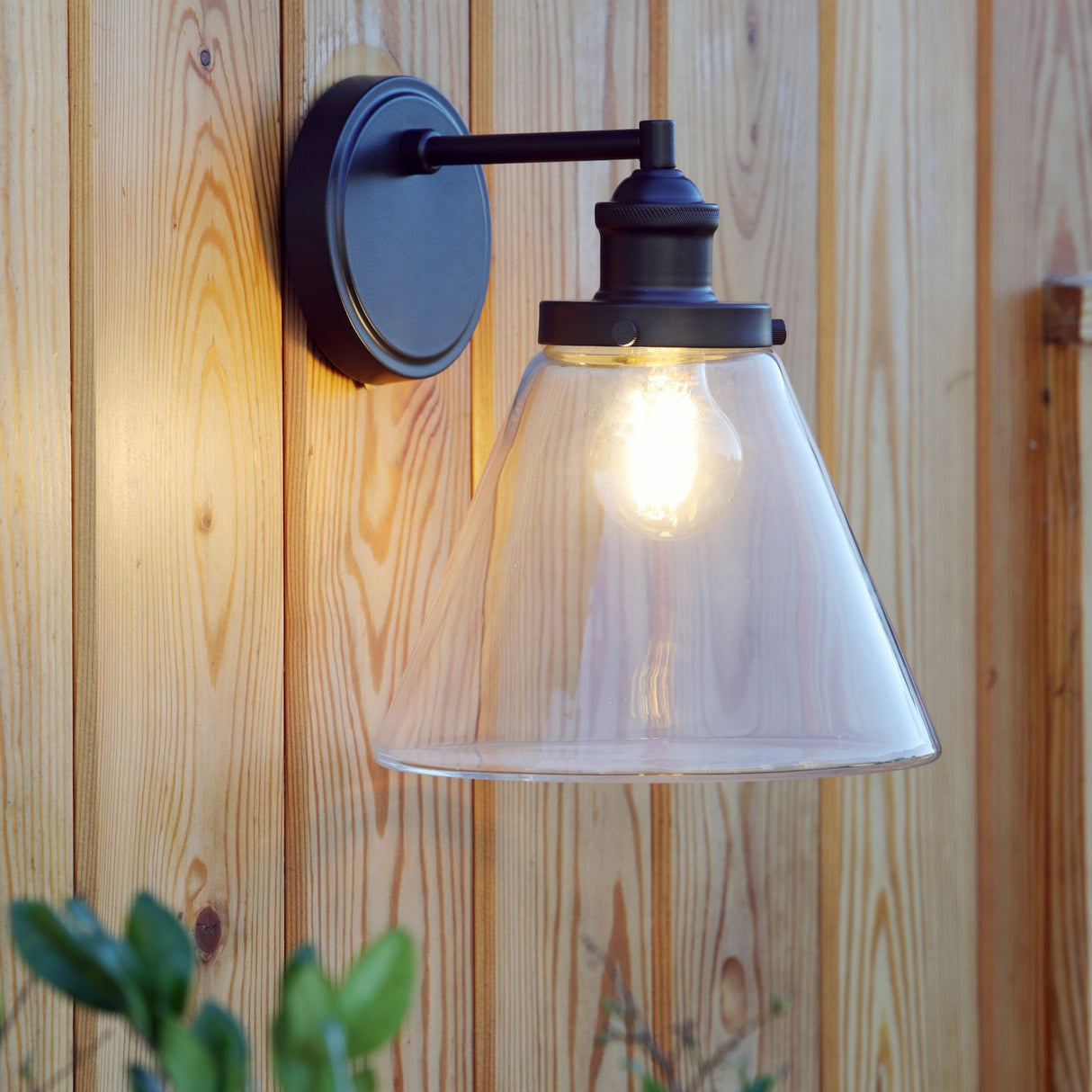 black metal wall sconce with clear glass shade on wooden plank wall, lit bulb inside
