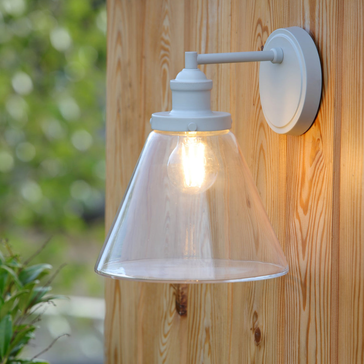 Modern white outdoor wall light with clear glass shade on wooden wall in garden setting