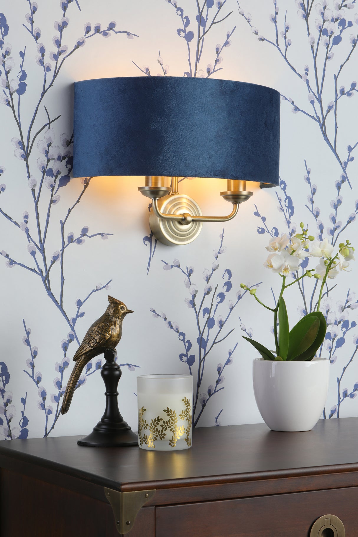 Laura Ashley Sorrento Wall Light Antique Brass & Blue Velvet