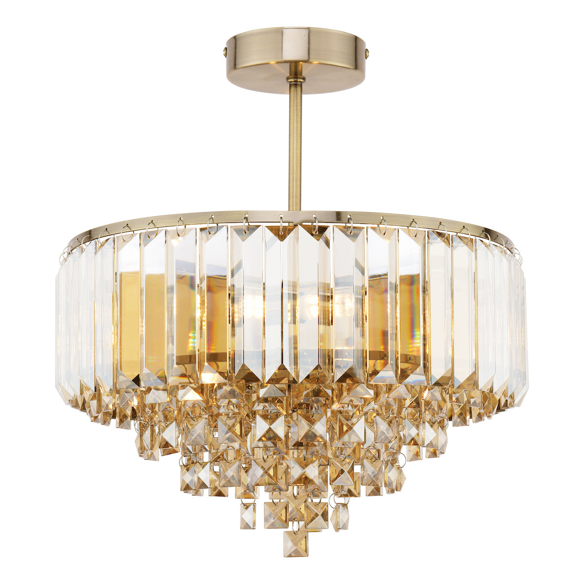 Elegant gold chandelier with hanging clear crystal prisms and drum shade pendant light