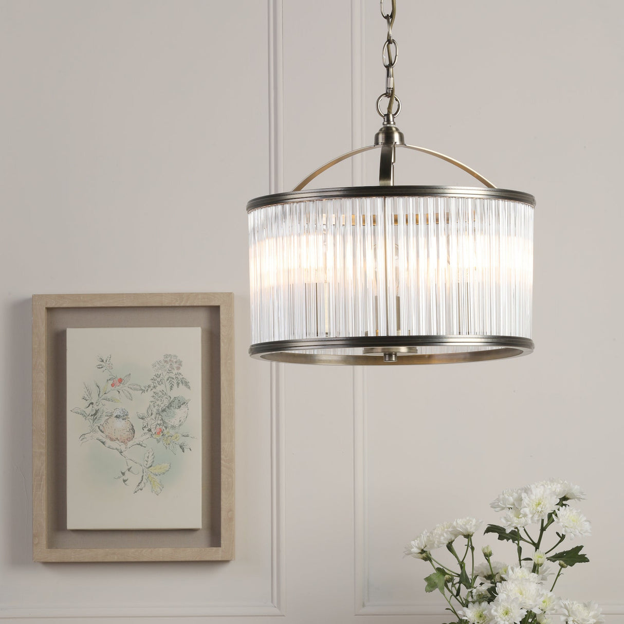Laura Ashley Sutton 3 Light Pendant Matt Antique Brass and Ribbed Glass