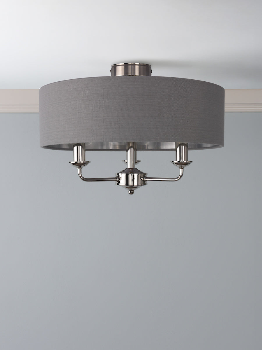 Laura Ashley Sorrento 3 Light Semi-Flush Polished Nickel With Charcoal Shade