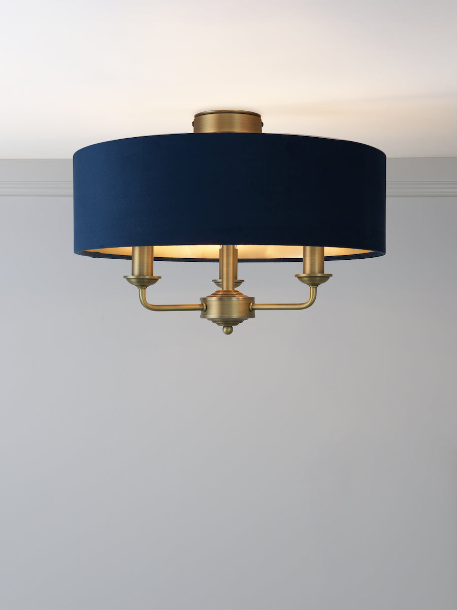 Laura Ashley Sorrento 3 Light Semi-Flush Matt Antique Brass With Blue Shade