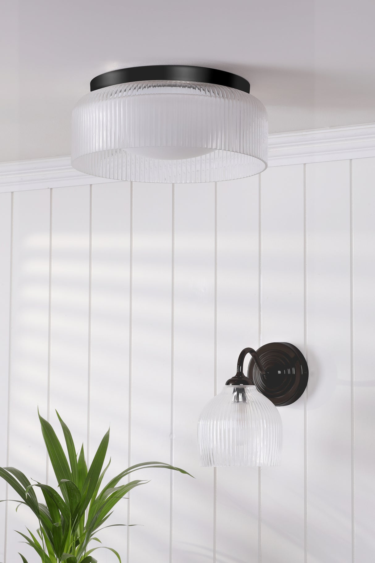 Laura Ashley Charissa Bathroom Wall Light Matt Black and Ribbed Glass IP44