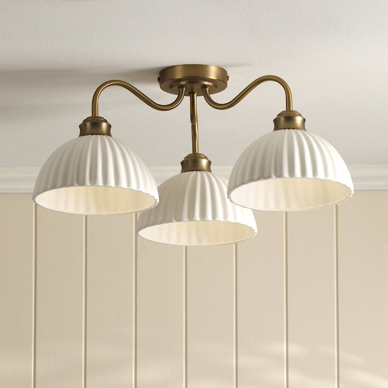 Laura Ashley Durford 3 Light Semi-Flush Matt Antique Brass and White Ceramic