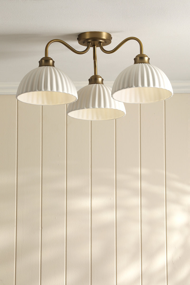 Laura Ashley Durford 3 Light Semi-Flush Matt Antique Brass and White Ceramic