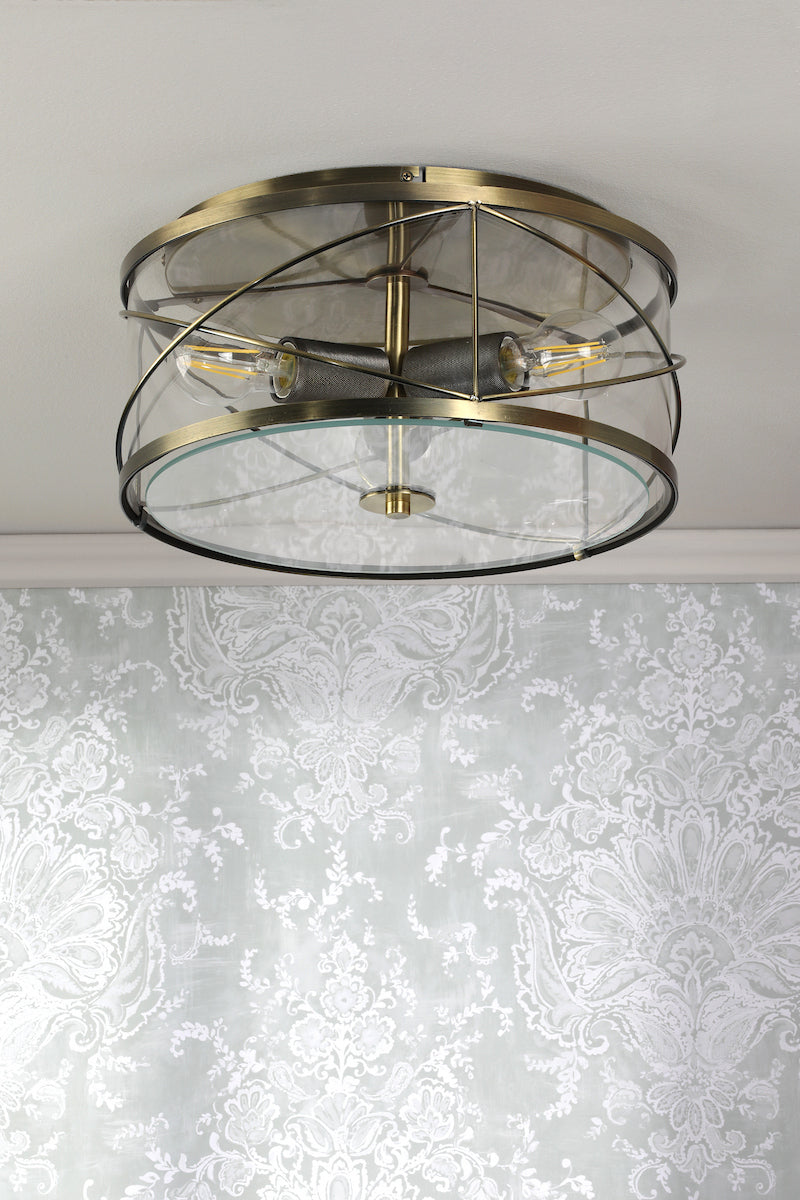 Laura Ashley Beckworth 3 Light Flush Antique Brass and Glass