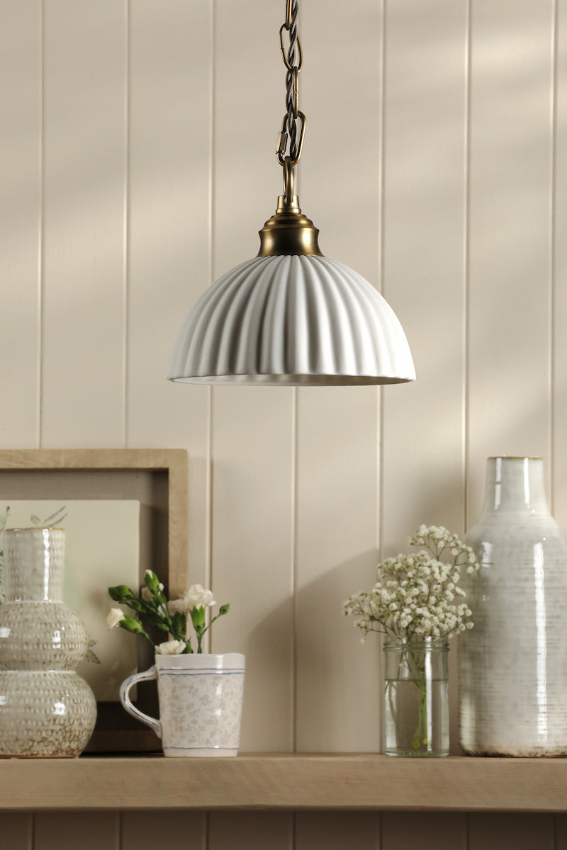 Laura Ashley Durford Pendant Matt Antique Brass and White Ceramic