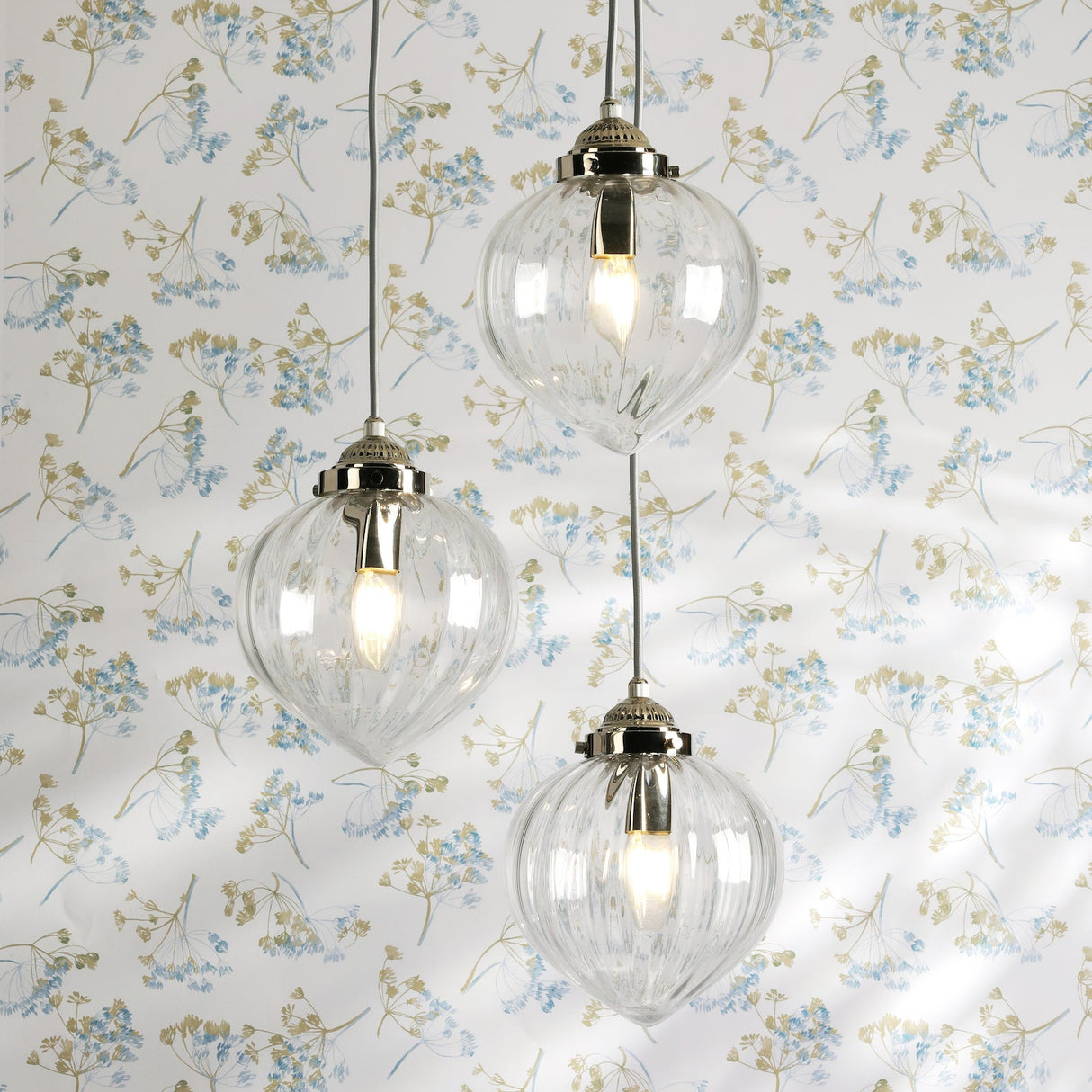 Laura Ashley Whitham 3 Light Cluster Pendant Polished Nickel and Ribbed Glass