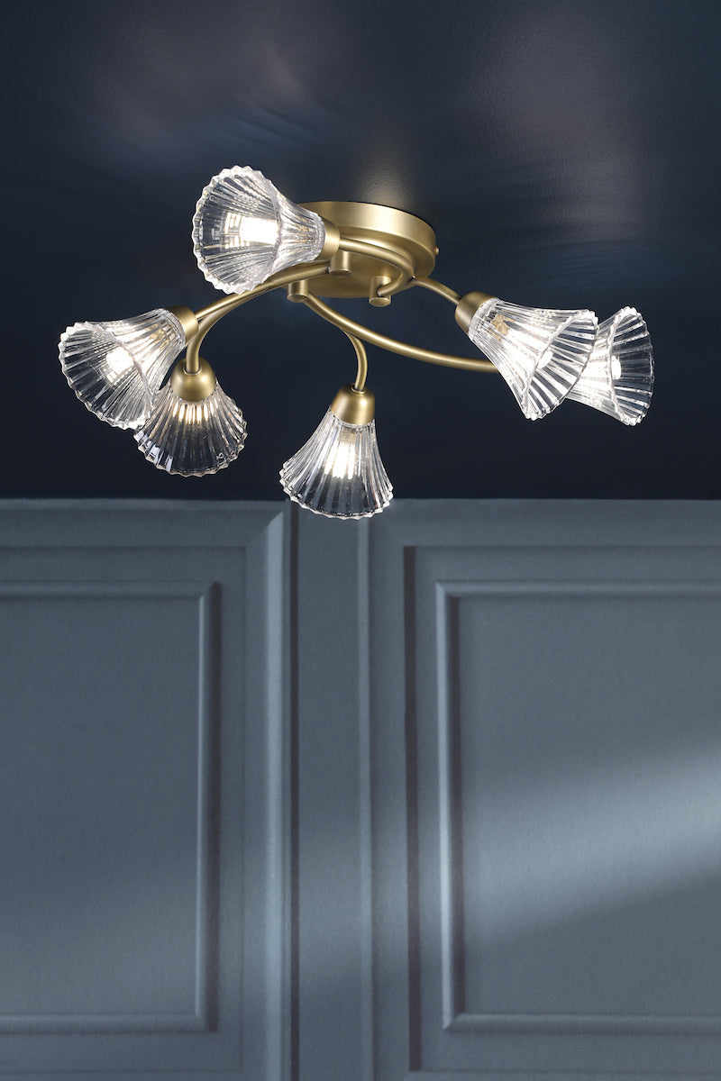 Laura Ashley Lanton 6 Light Semi-Flush Matt Antique Brass and Ribbed Glass