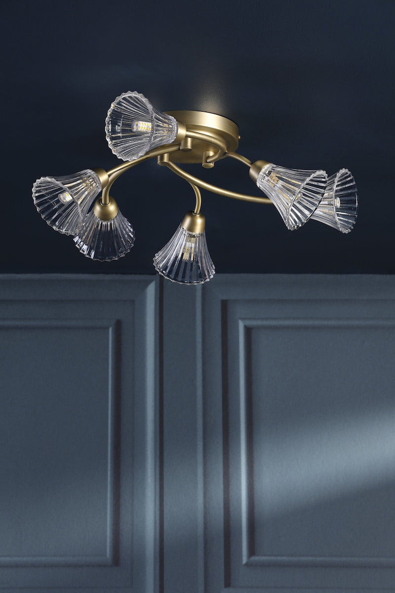 Laura Ashley Lanton 6 Light Semi-Flush Matt Antique Brass and Ribbed Glass