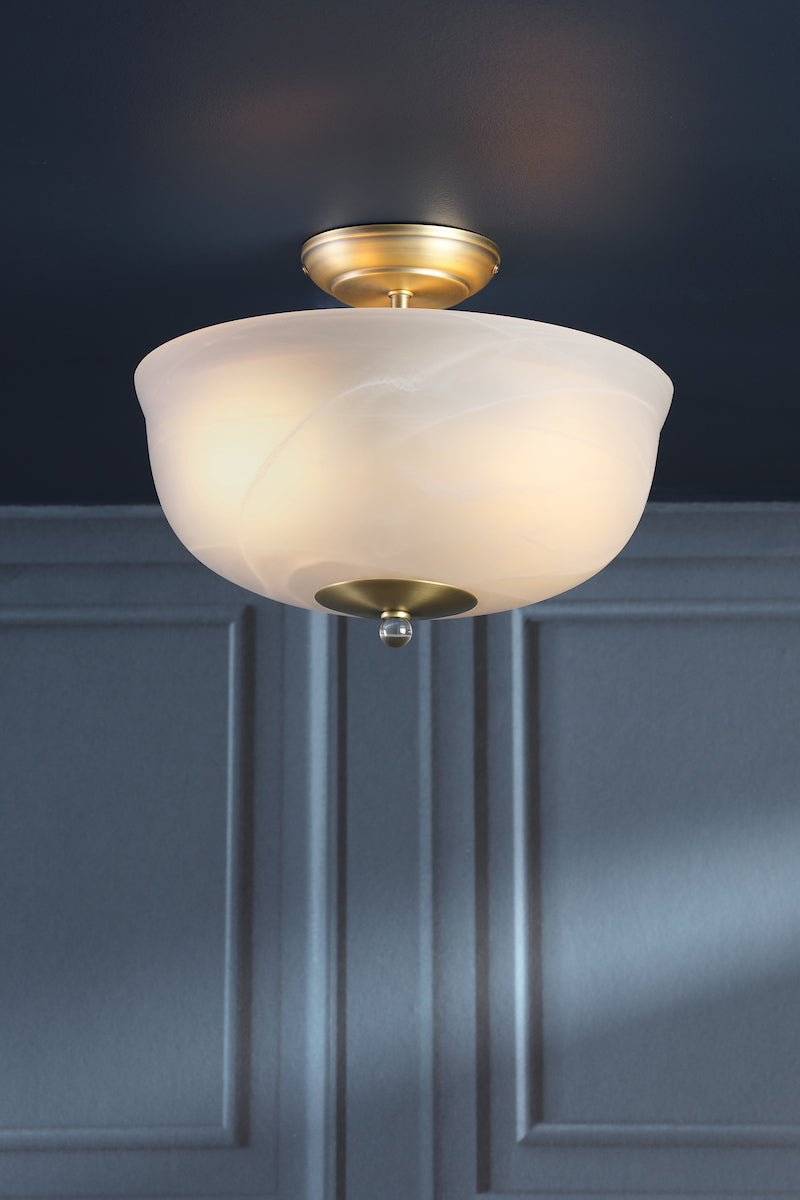 Laura Ashley Cossington 2 Light Semi-Flush Matt Antique Brass and White Marble Effect Glass