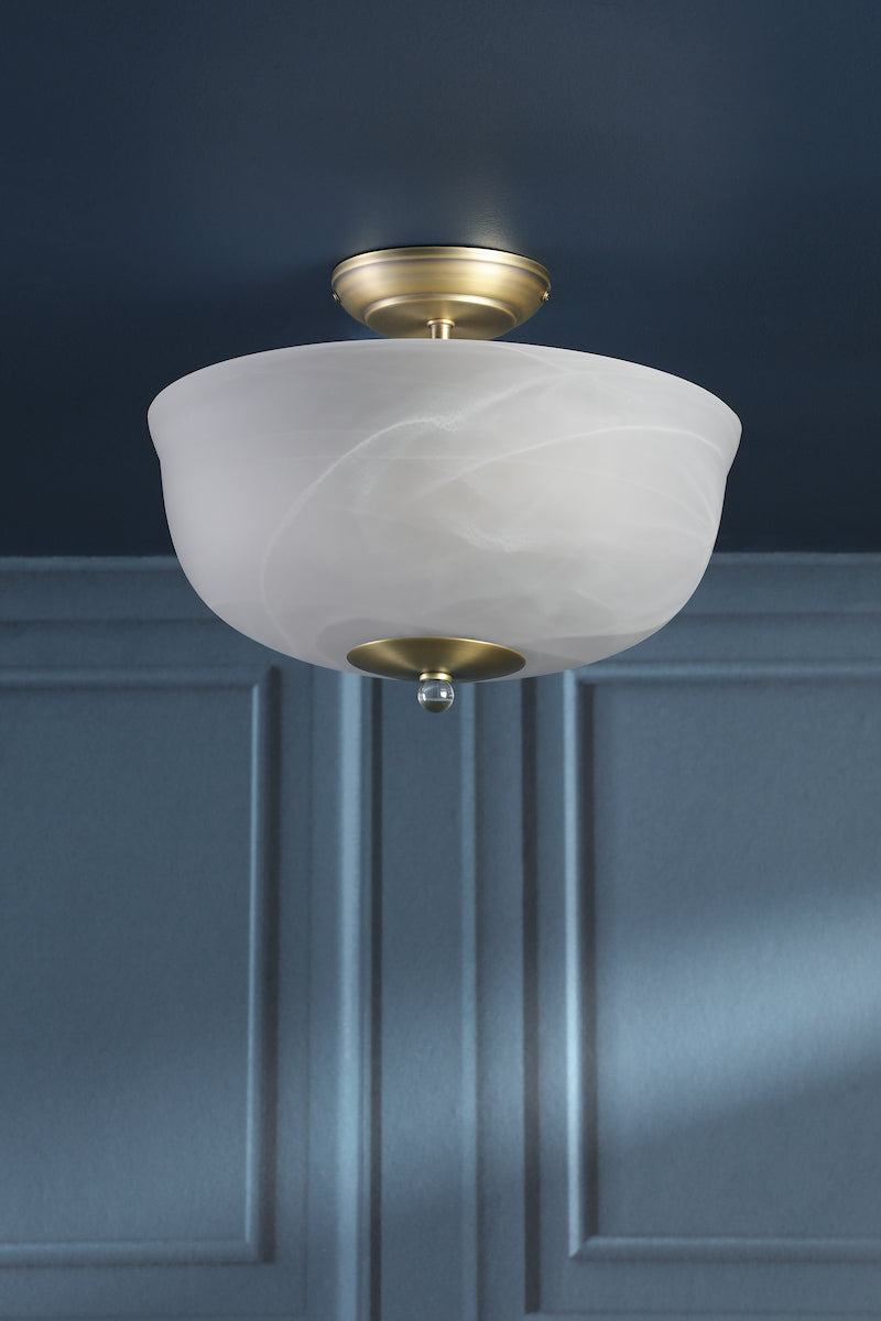 Laura Ashley Cossington 2 Light Semi-Flush Matt Antique Brass and White Marble Effect Glass