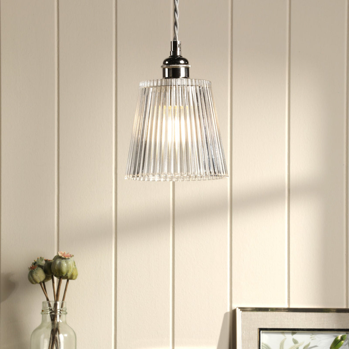 Laura Ashley Callaghan Pendant Polished Nickel and Ribbed Glass