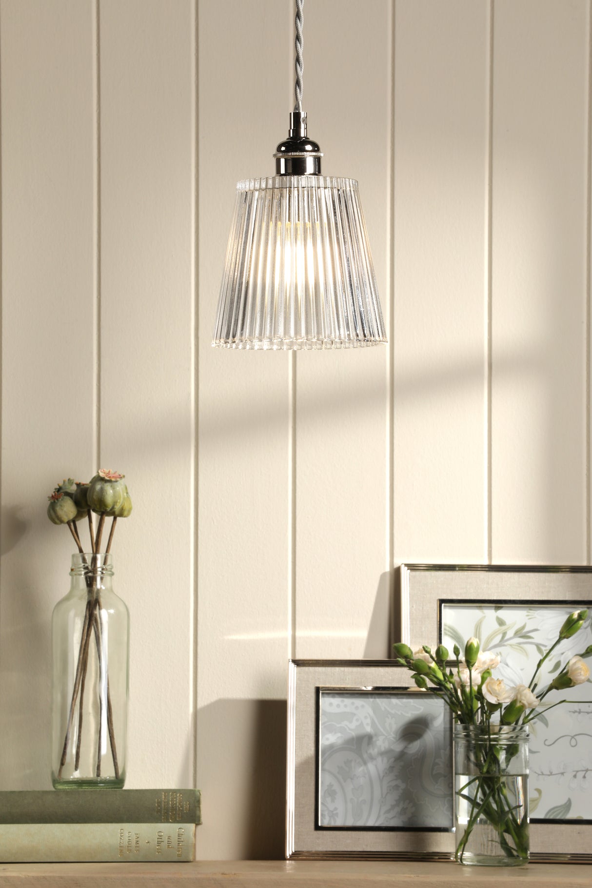 Laura Ashley Callaghan Pendant Polished Nickel and Ribbed Glass