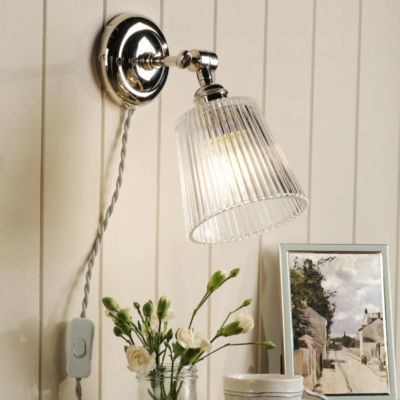 Laura Ashley Callaghan Plugged Wall Light Polished Nickel and Ribbed Glass