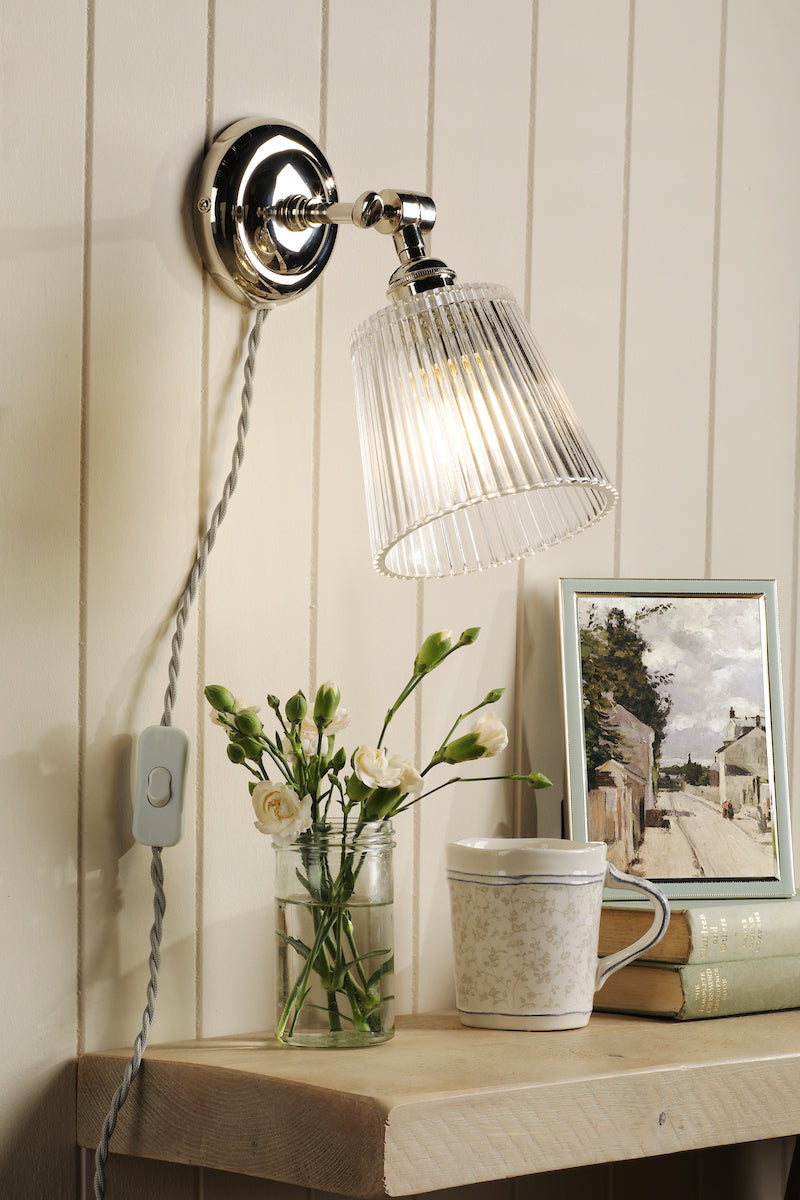 Laura Ashley Callaghan Plugged Wall Light Polished Nickel and Ribbed Glass