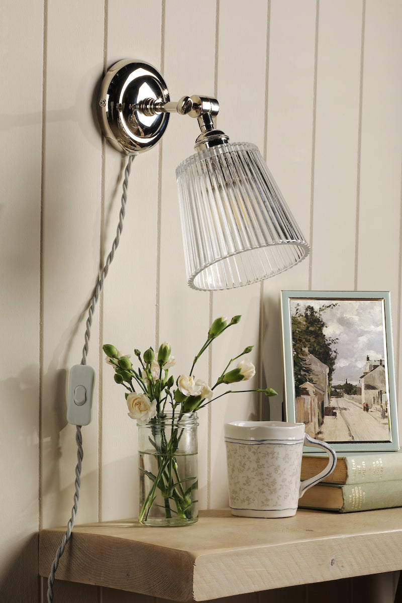 Laura Ashley Callaghan Plugged Wall Light Polished Nickel and Ribbed Glass