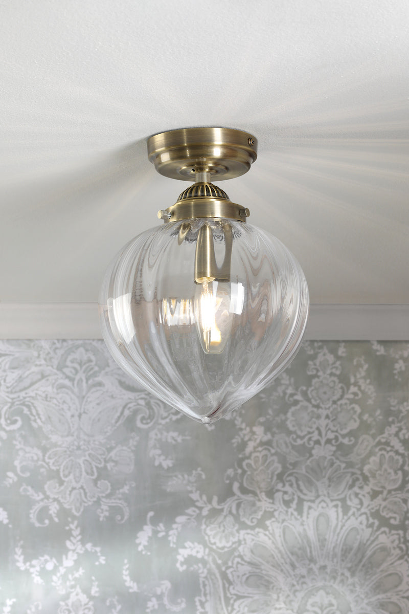 Laura Ashley Whitham Bathroom Ceiling Light Antique Brass and Ribbed Glass IP44