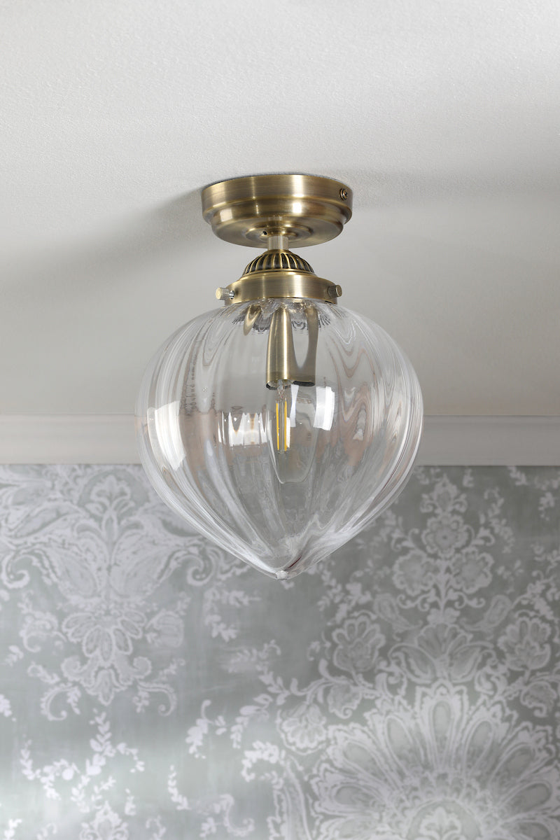 Laura Ashley Whitham Bathroom Ceiling Light Antique Brass and Ribbed Glass IP44