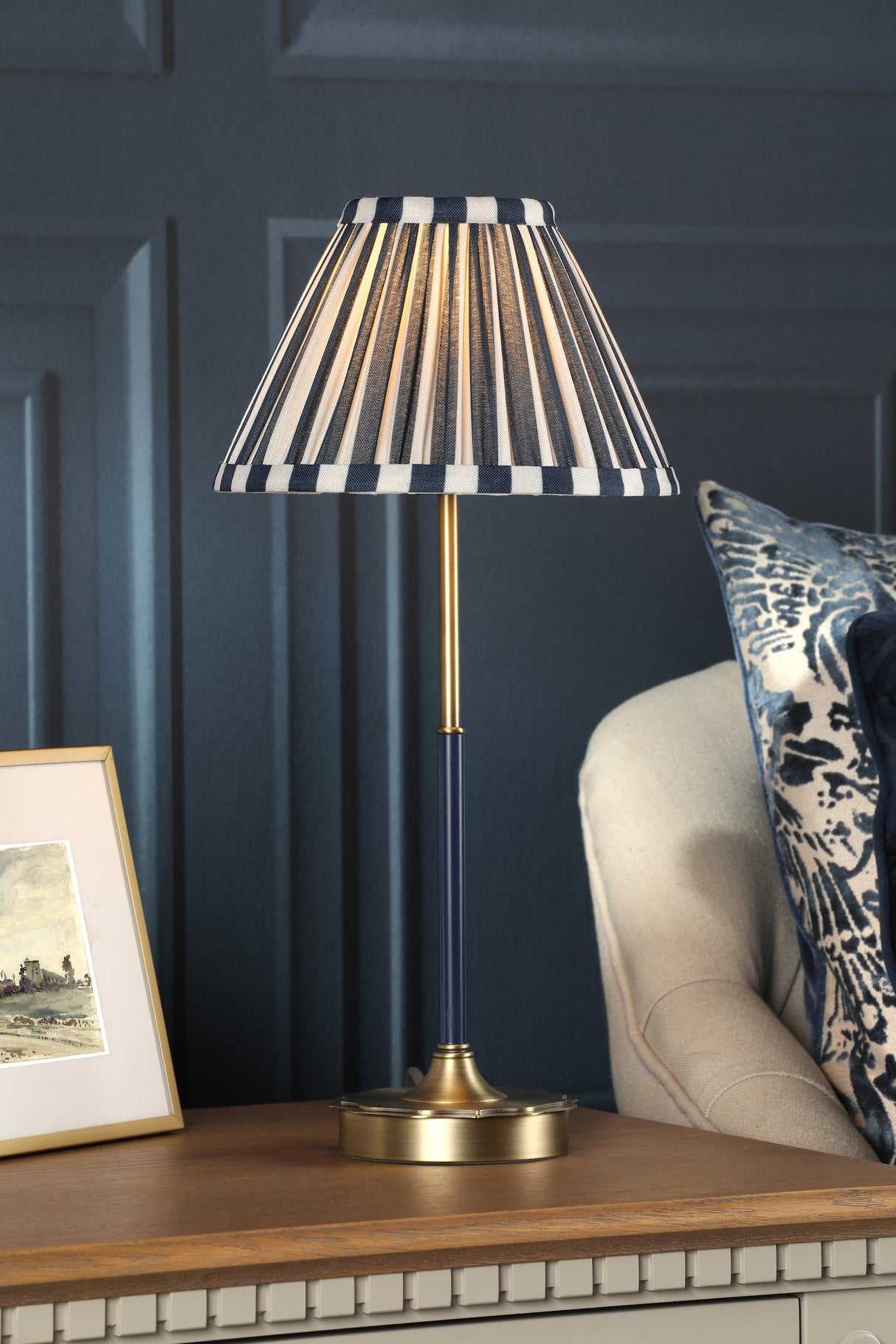 Laura Ashley Denwick Table Lamp Matt Antique Brass and Satin Blue With Shade