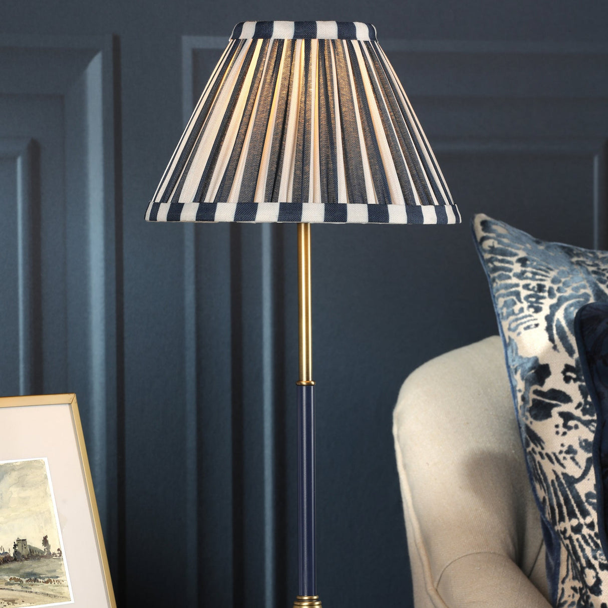 Laura Ashley Denwick Table Lamp Matt Antique Brass and Satin Blue With Shade