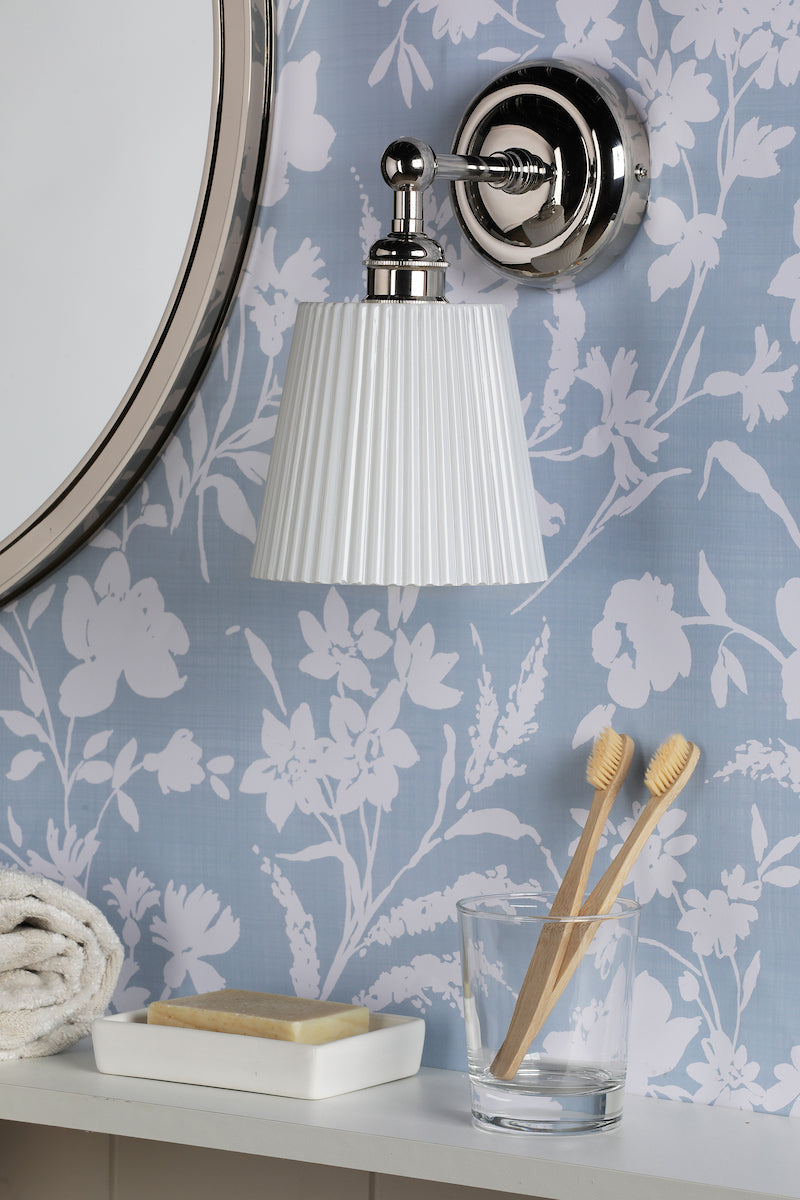 Laura Ashley Callaghan Bathroom Wall Light Polished Nickel and White Ribbed Glass IP44