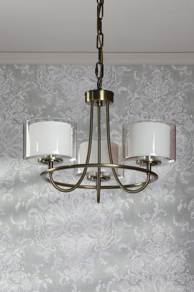 Laura Ashley Southwell 3 Light Armed Pendant Antique Brass and Opal Glass