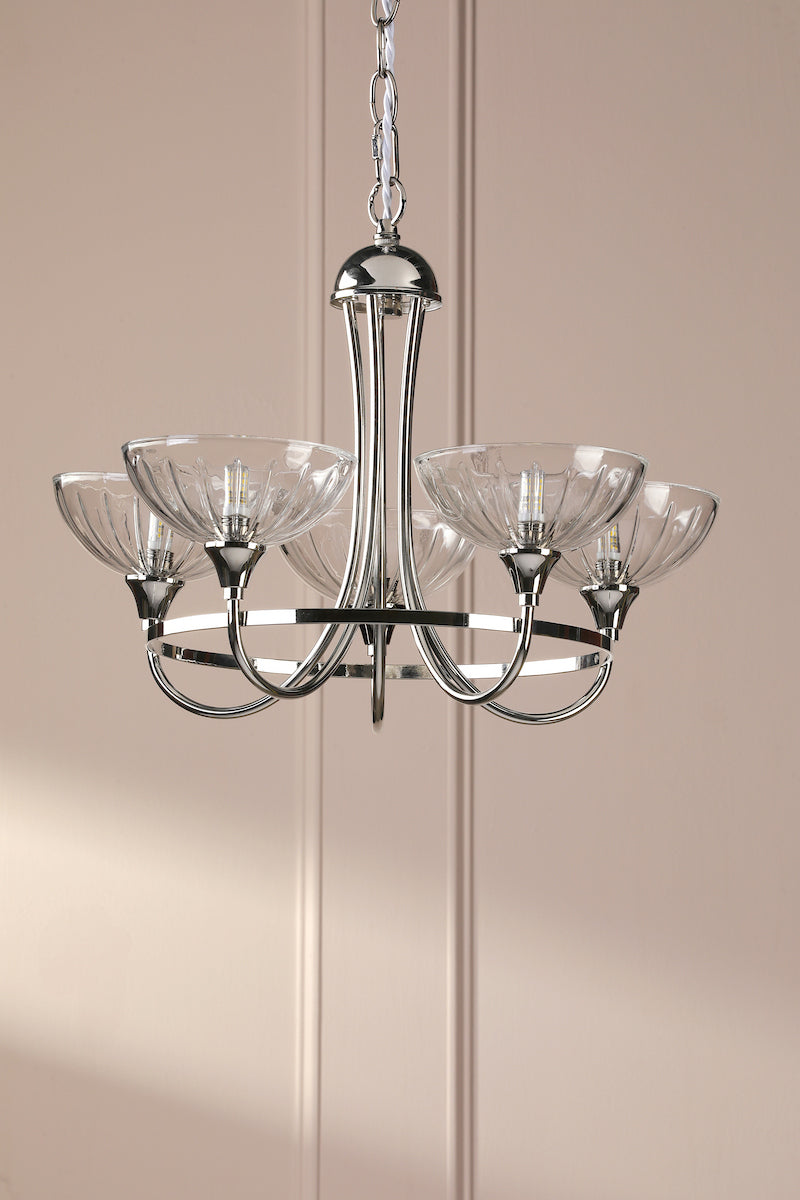 Laura Ashley Wellham 5 Light Armed Pendant Polished Nickel and Ribbed Glass