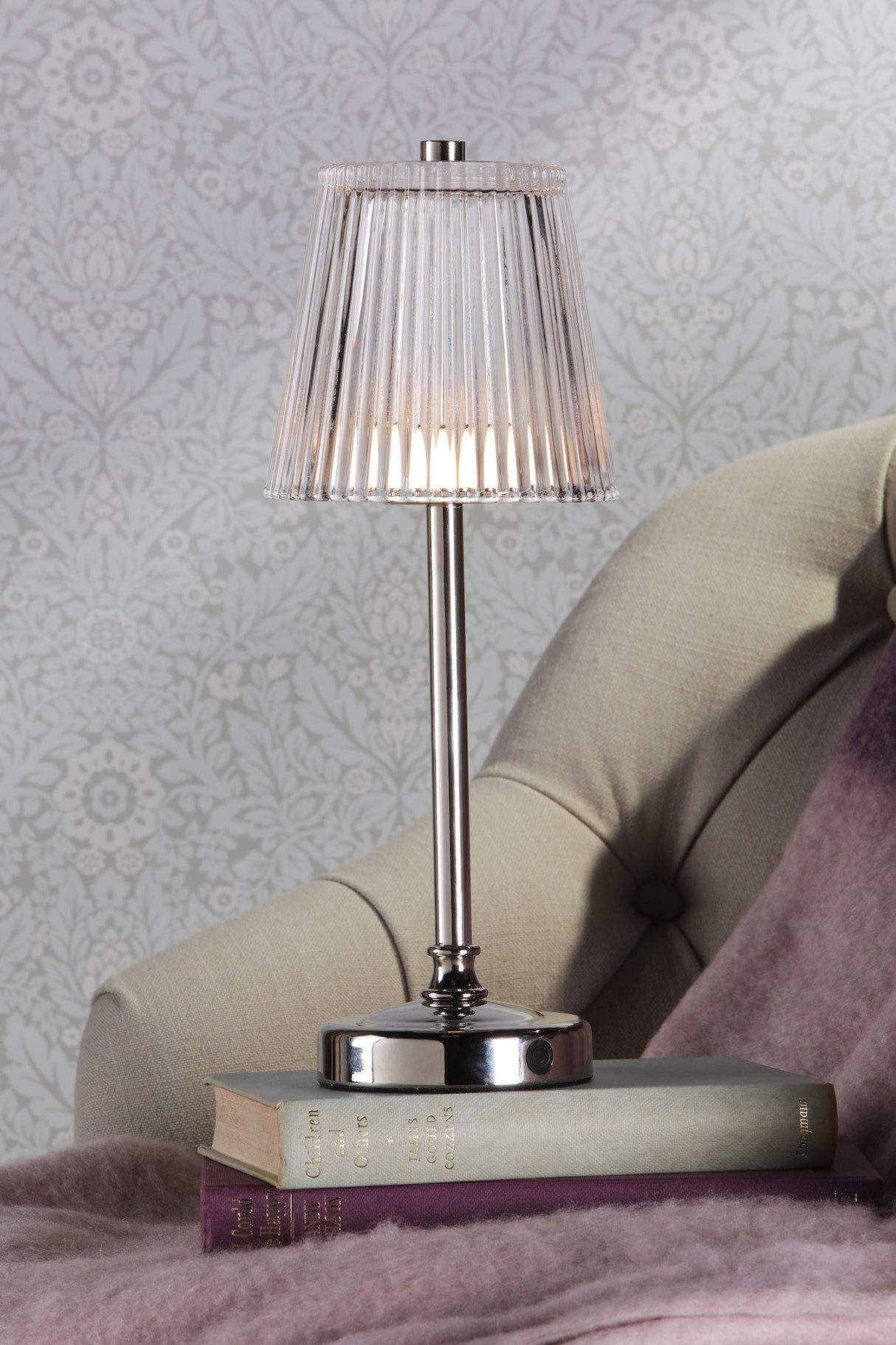 Laura Ashley Callaghan Rechargeable Table Lamp Polished Nickel and Ribbed Glass LED
