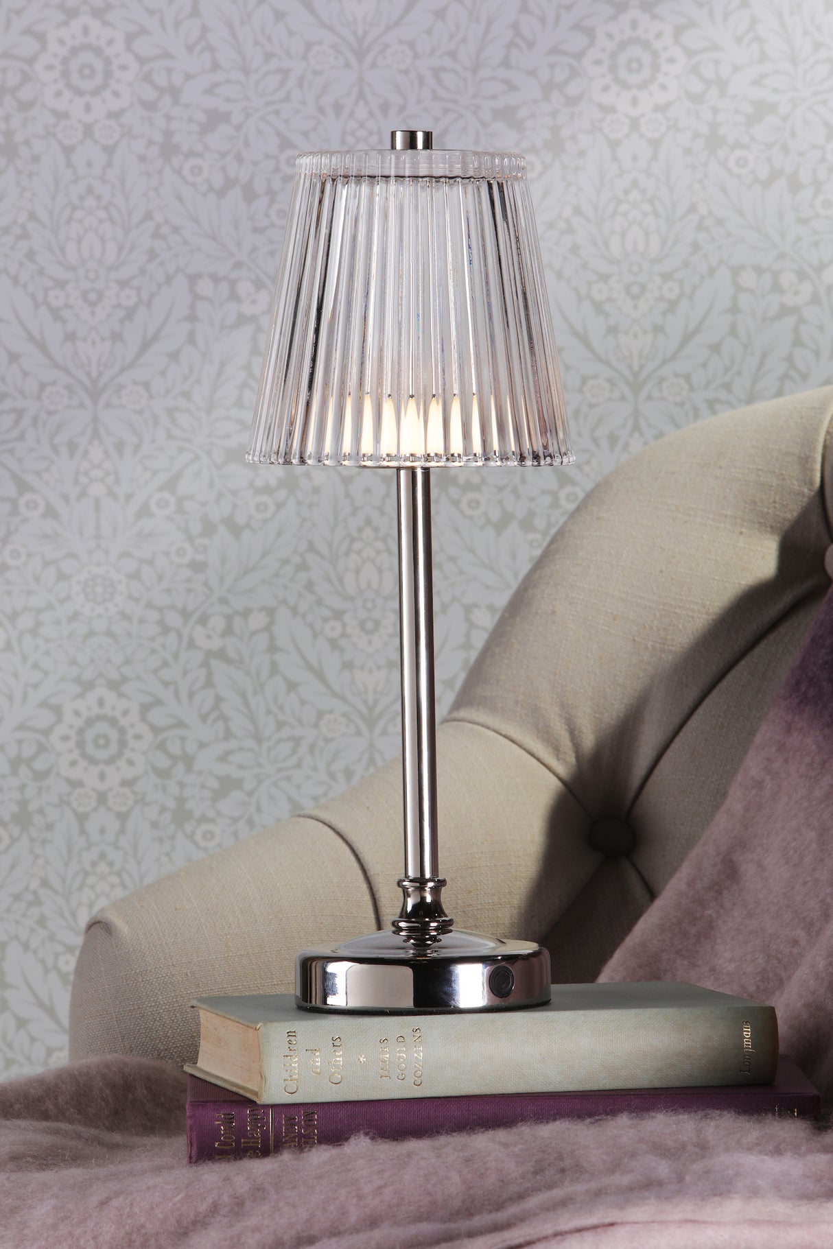 Laura Ashley Callaghan Rechargeable Table Lamp Polished Nickel and Ribbed Glass LED
