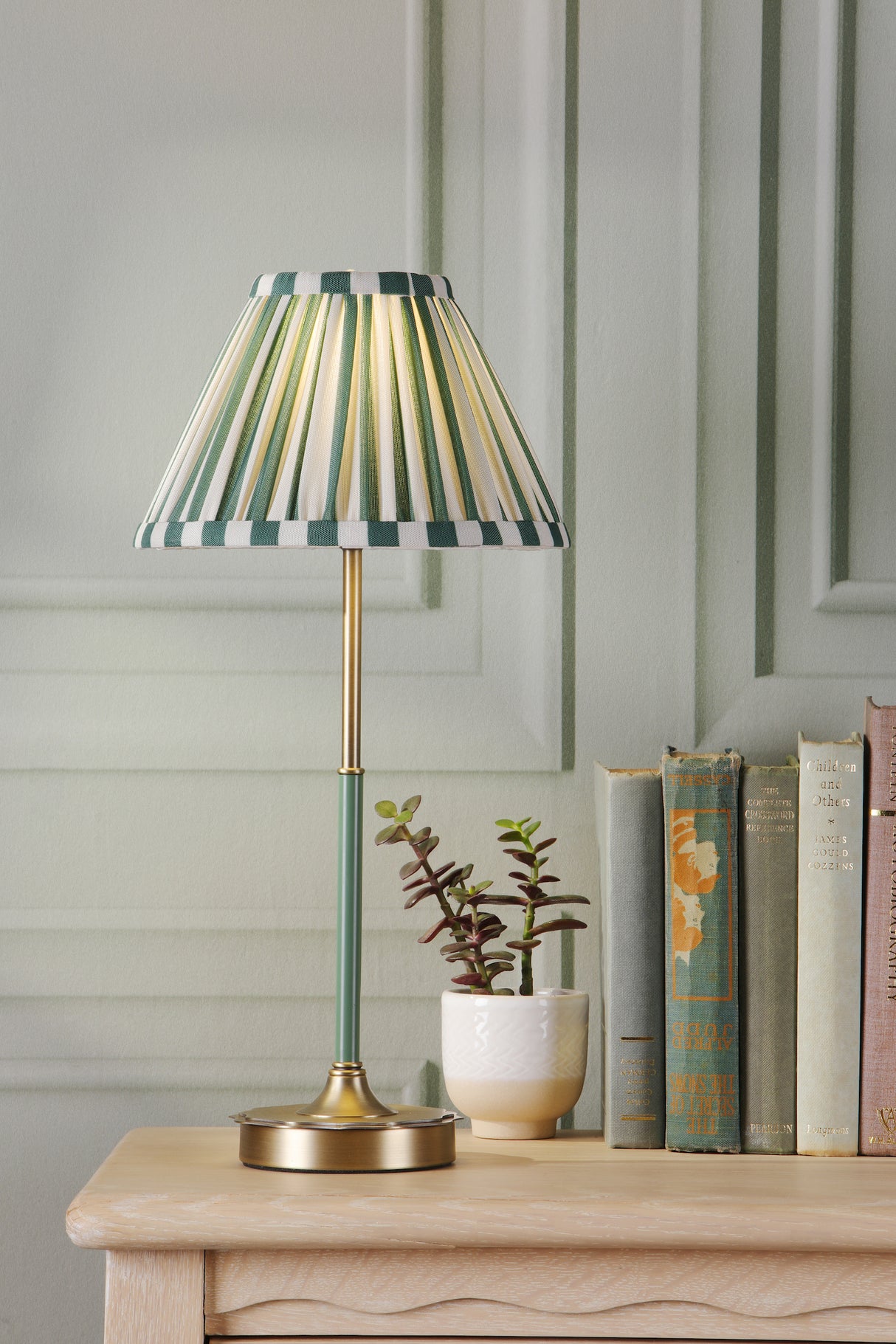 Laura Ashley Denwick Table Lamp Matt Antique Brass and Satin Green With Shade