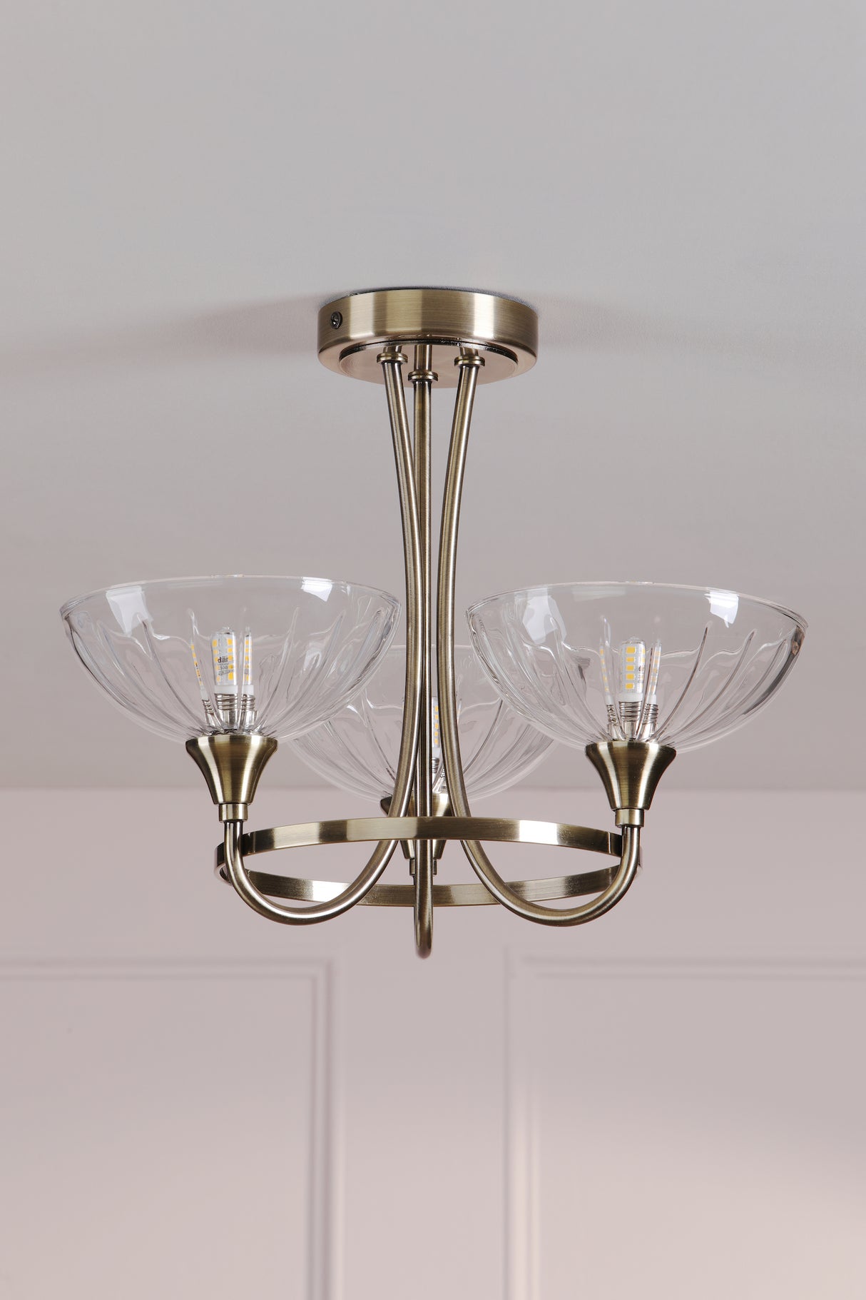 Laura Ashley Wellham 3 Light Semi-Flush Antique Brass and Ribbed Glass