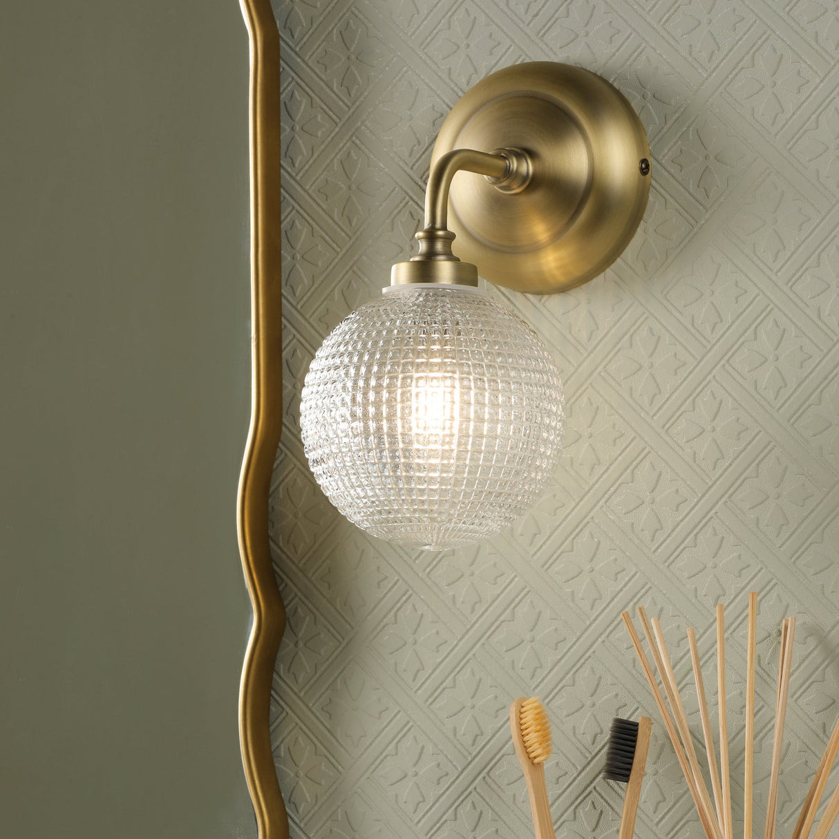 Laura Ashley Langdon Bathroom Wall Light Matt Antique Brass and Textured Glass IP44