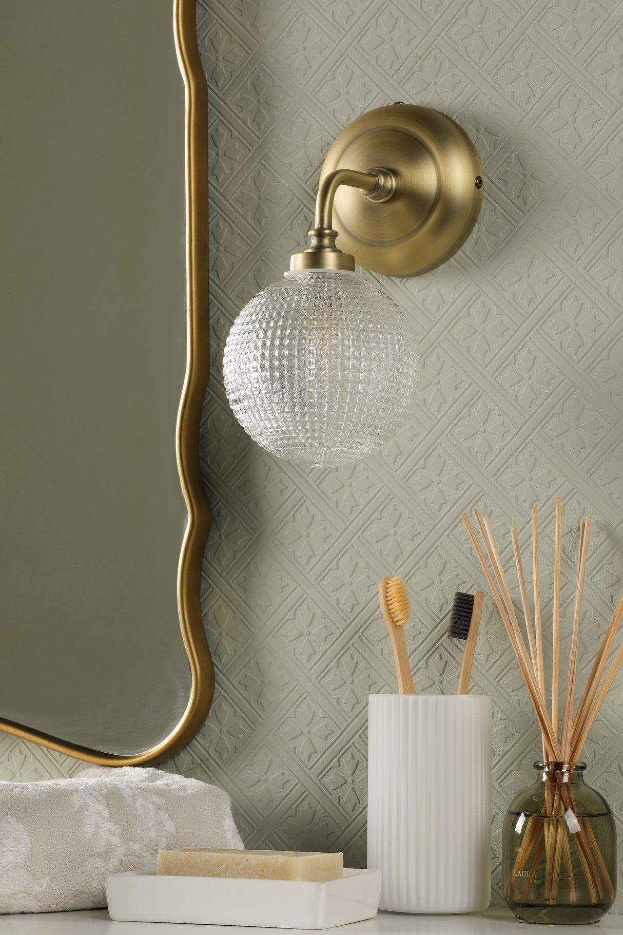 Laura Ashley Langdon Bathroom Wall Light Matt Antique Brass and Textured Glass IP44