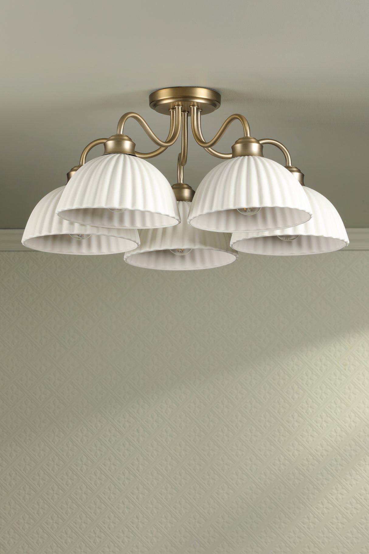 Laura Ashley Durford 5 Light Semi-Flush Matt Antique Brass and White Ceramic