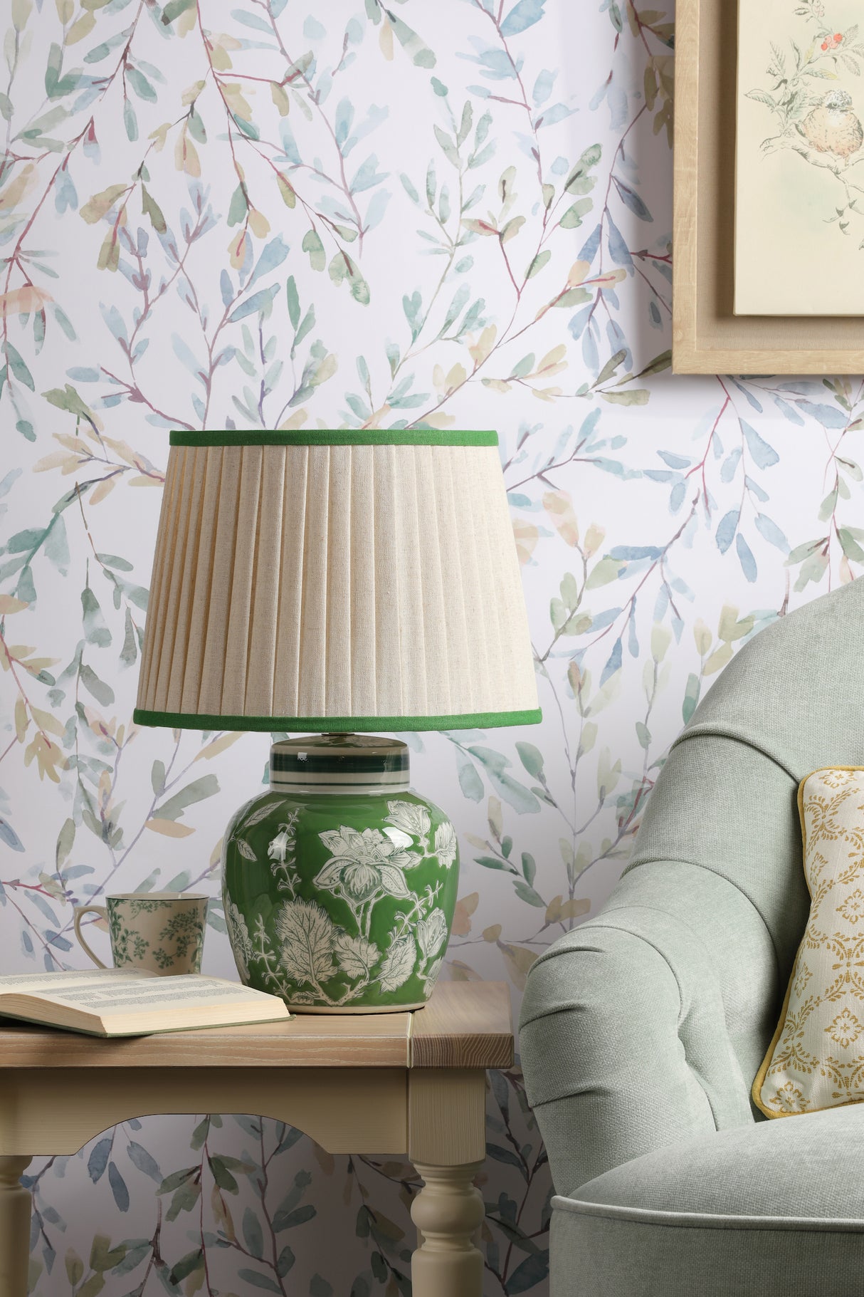 Laura Ashley Colwich Table Lamp Green Ceramic and Antique Brass With Shade