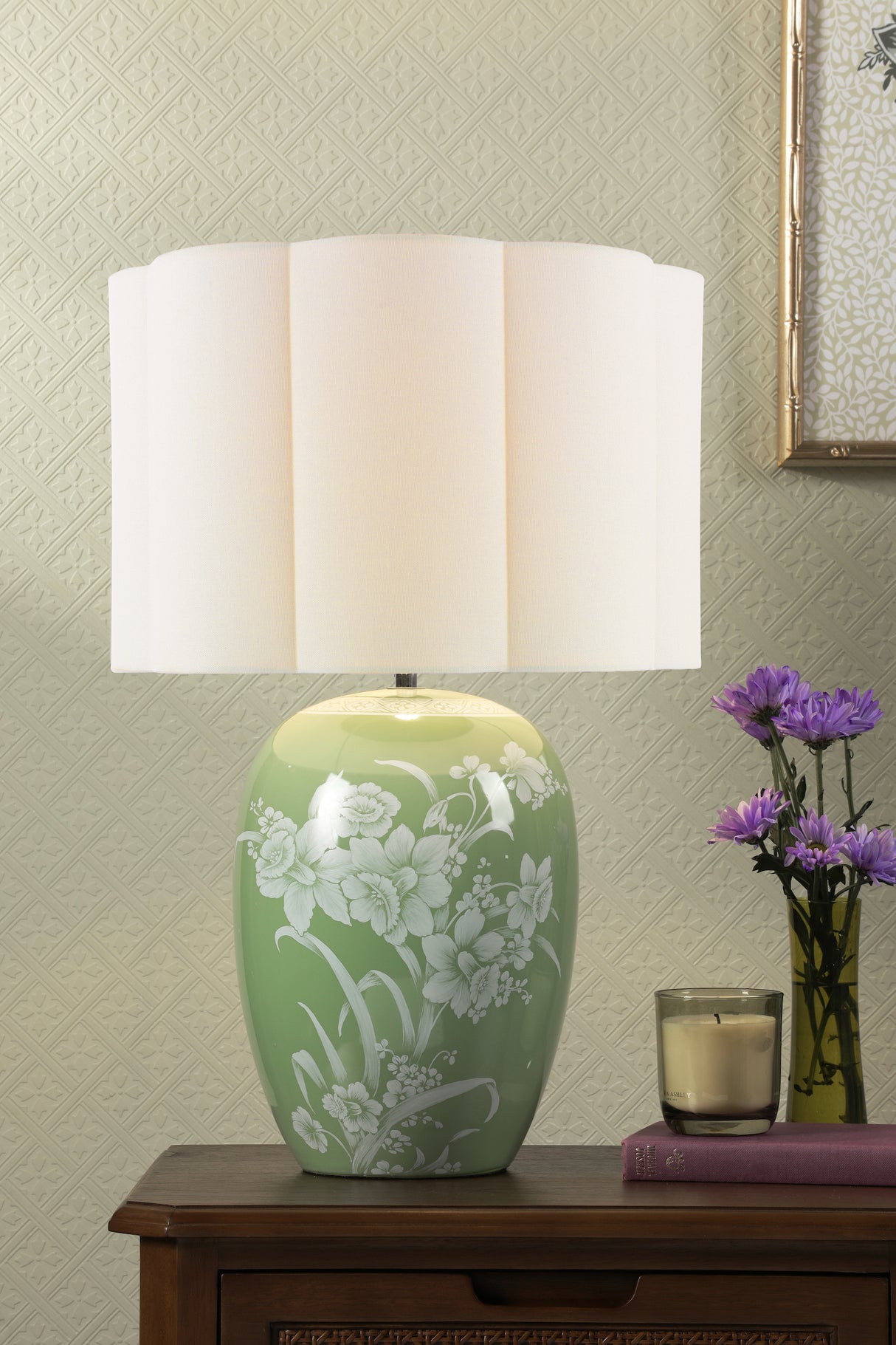 Laura Ashley Pashley Table Lamp Green Ceramic and Polished Chrome With Shade