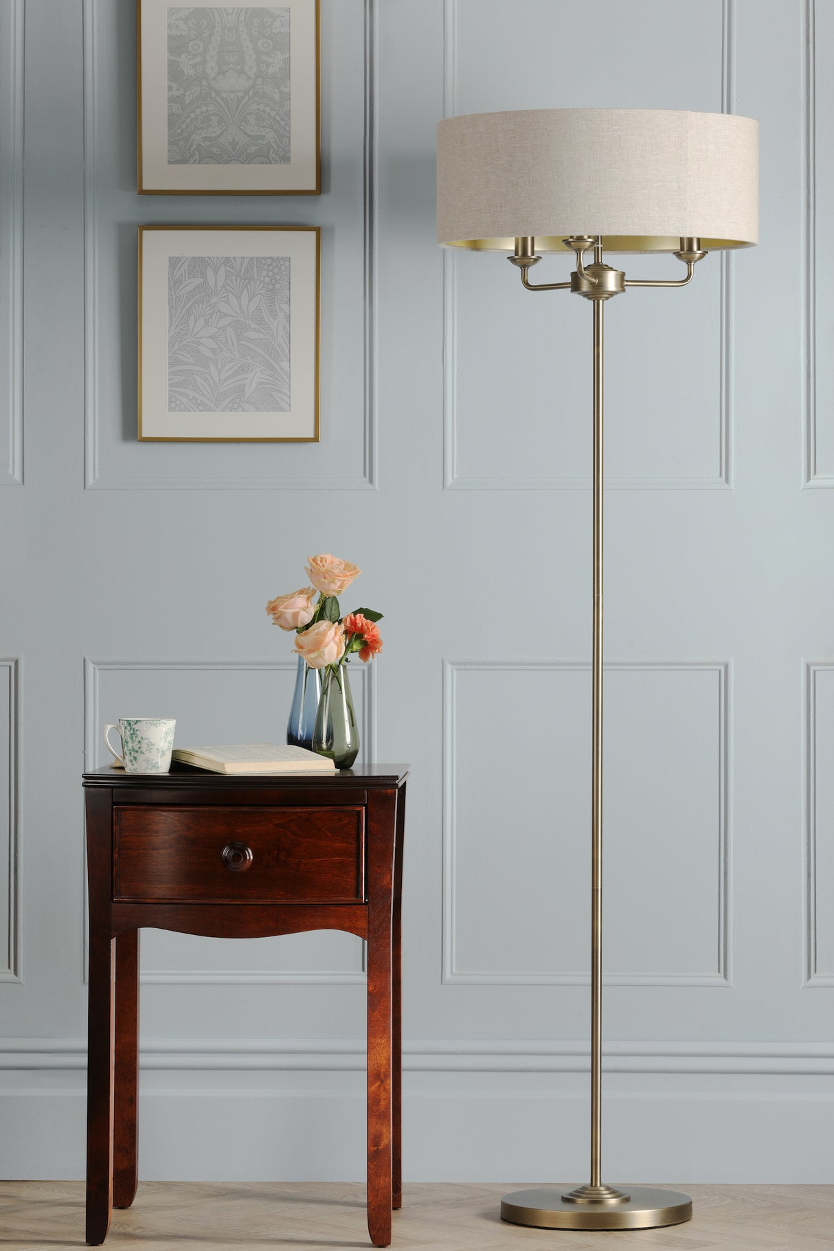 Laura Ashley Sorrento 3 Light Floor Lamp Matt Antique Brass With Natural Shade