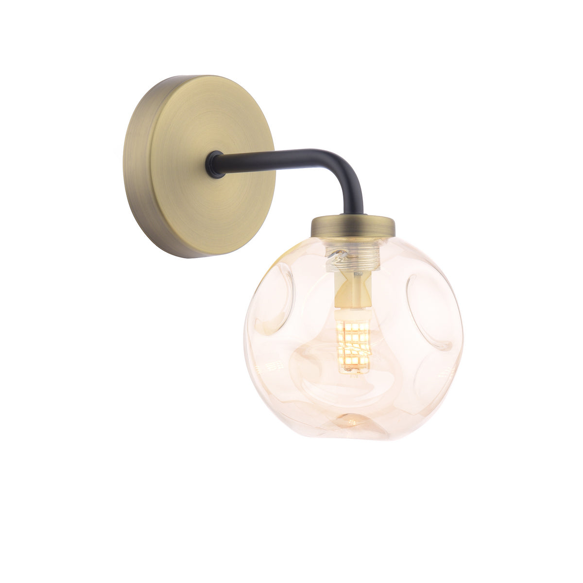 Dar Lainey Wall Light Matt Black and Antique Brass With Closed Organic Amber Glass